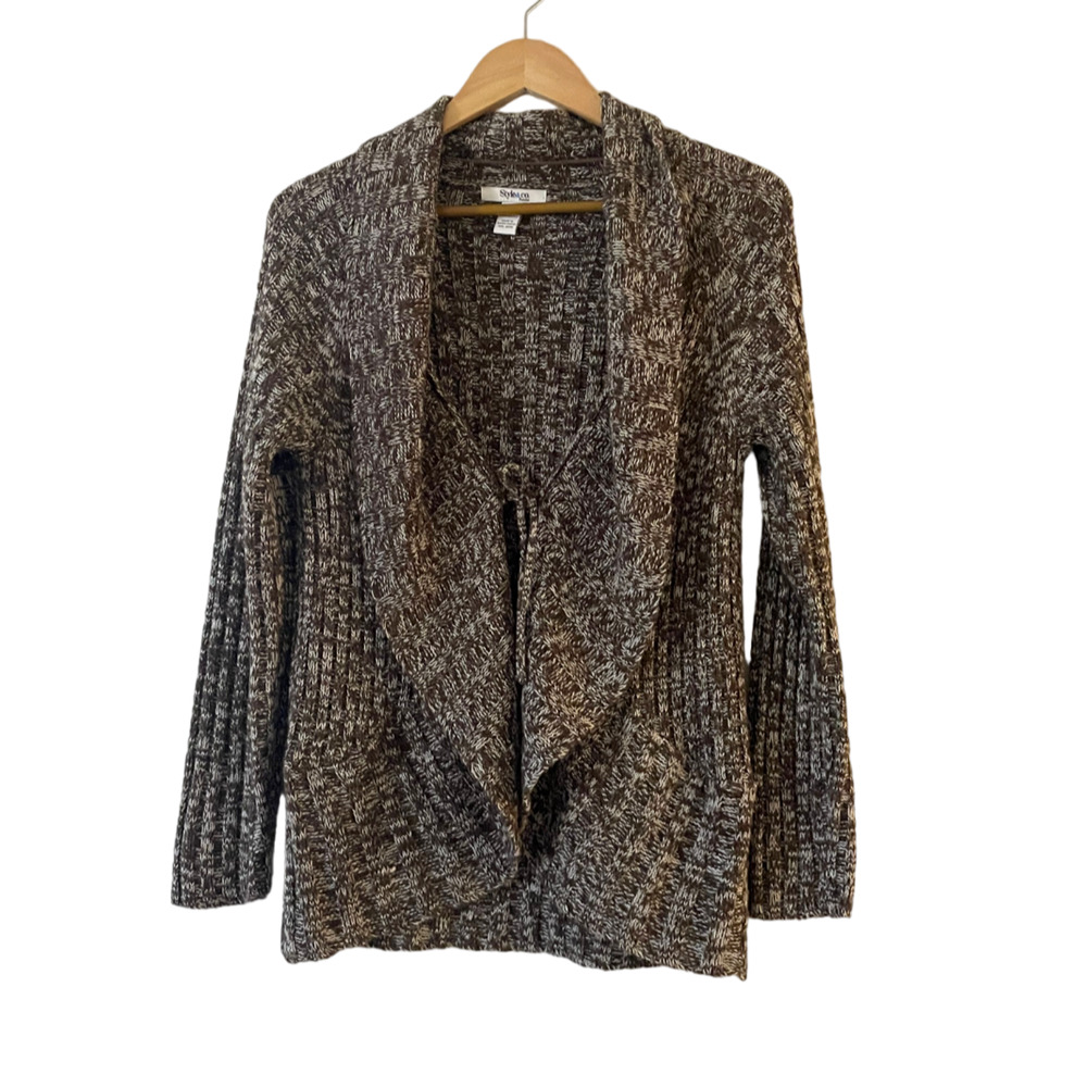 Style & Co Cardigan Shawl Collar Chunky Marled Knit Large Petite Brown Excellent